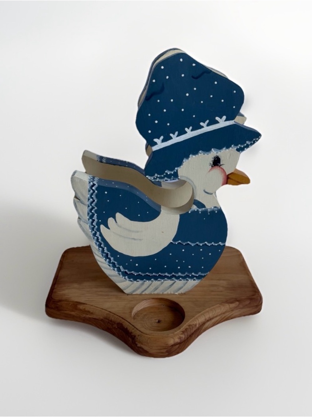 Vintage 80s Wooden Goose Napkin Holder Hand Painted Polka Dot Country Kitsch
